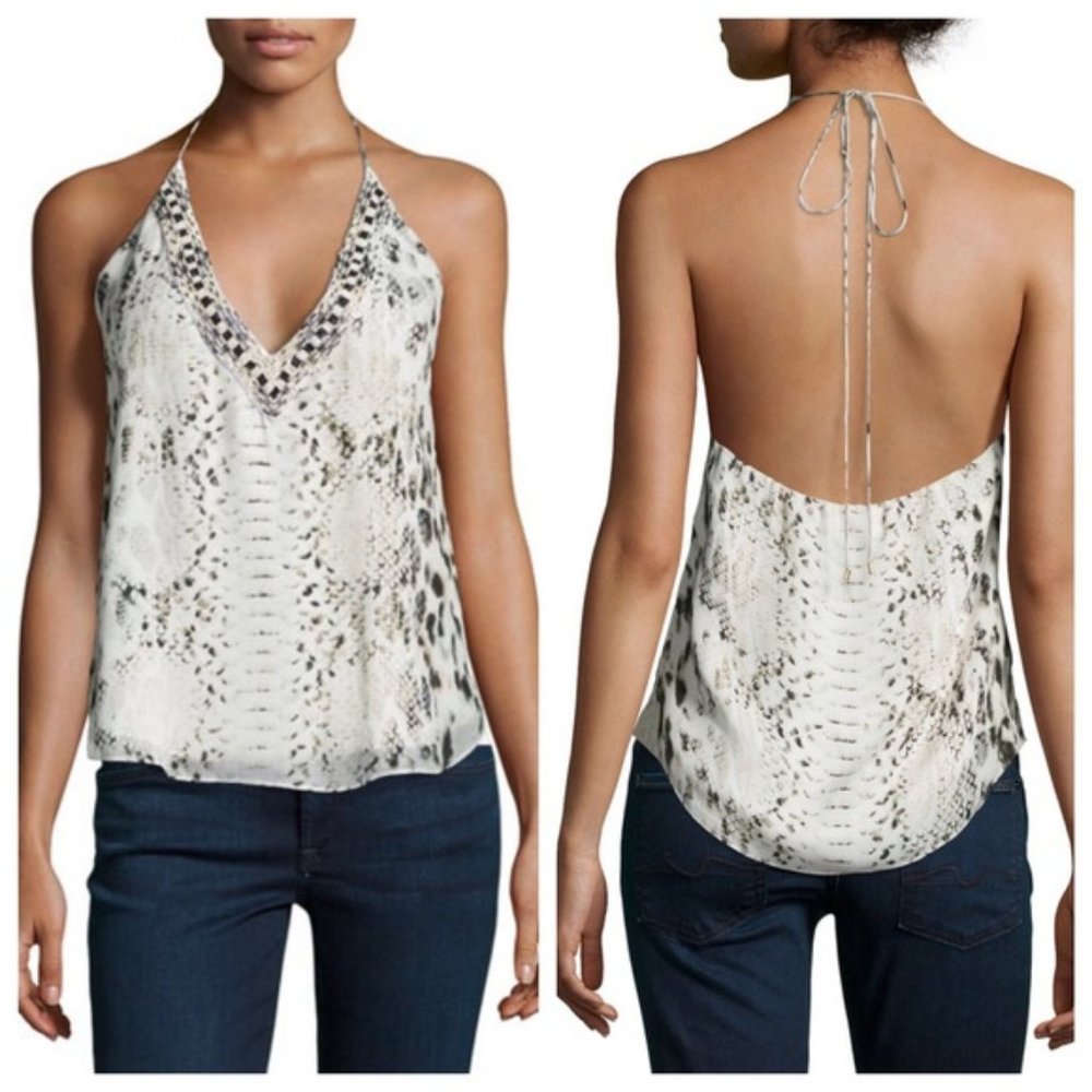 Haute Hippie Scarface Beaded Silk Halter Top Leopard Snake Print Size Large